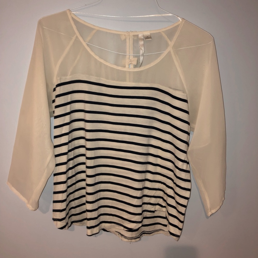 Off white/dark blue stripped 3 quarter blouse - sheer up top